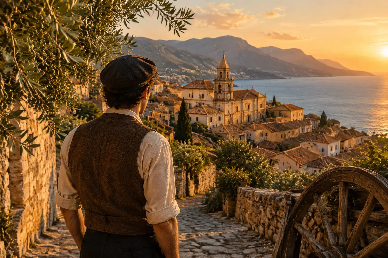 A man in a flat cap looks over a Sicilian hill town at sunset, the hero art for Mafia: The Old Country.